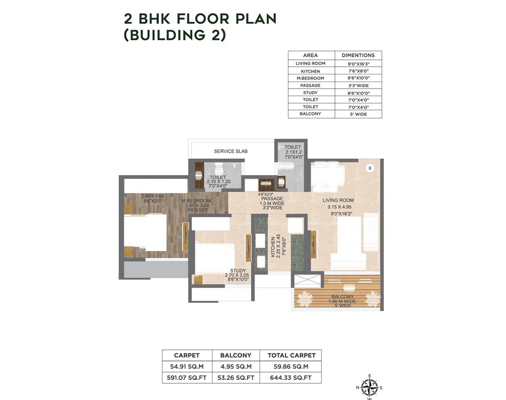 Floor plan of 2 BHK 644 Sq. Ft. Apartment in Nivasa Green City, Thane