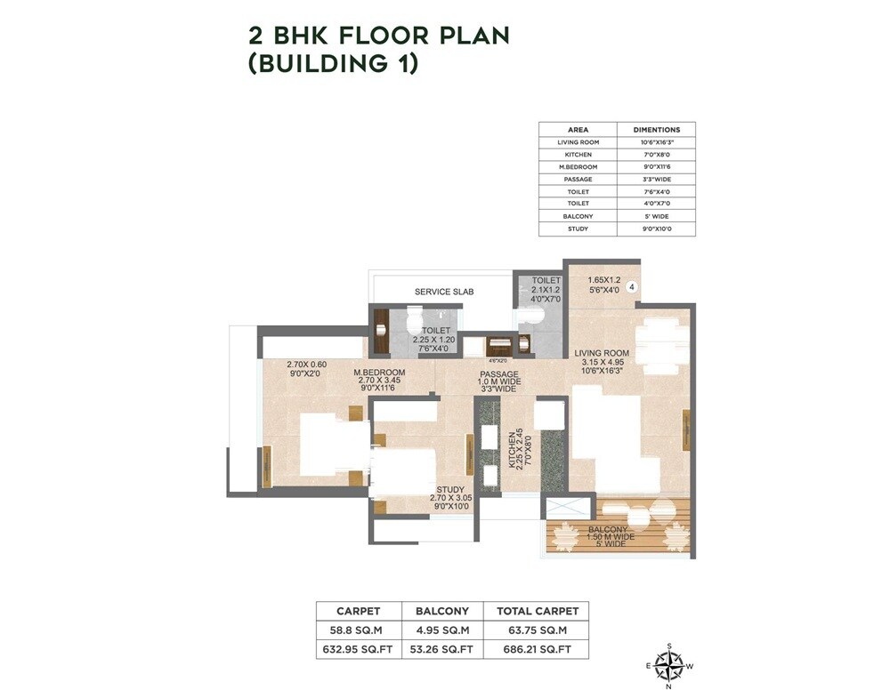 Floor plan of 2 BHK 686 Sq. Ft. Apartment in Nivasa Green City, Thane