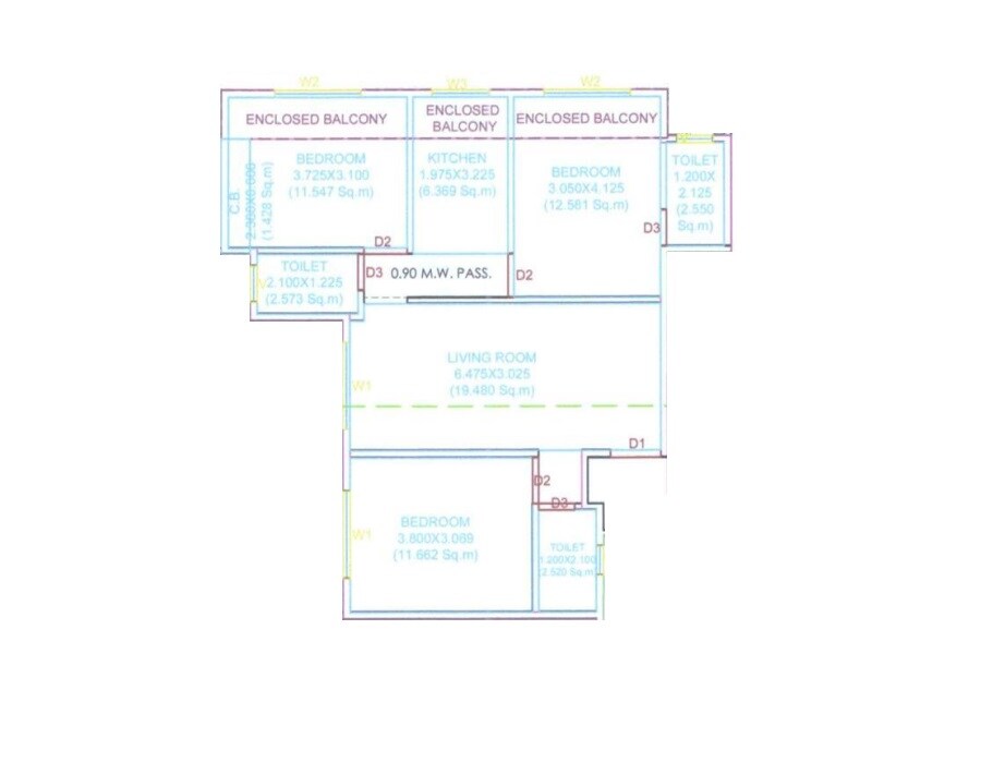 3 BHK 830 Sq. Ft. Apartment