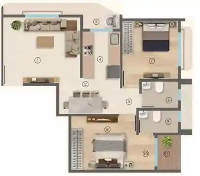 Floor plan of 2 BHK 622 Sq. Ft. Apartment in Ojass Satej Premises CHS, Thane