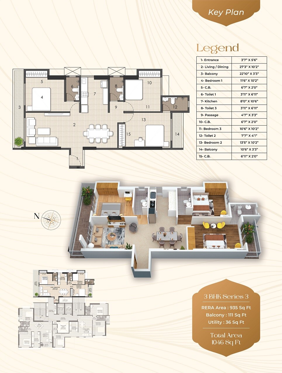 Floor plan of 3 BHK 1046 Sq. Ft. Apartment in Ojass Shri Laxmi Niwas, Thane
