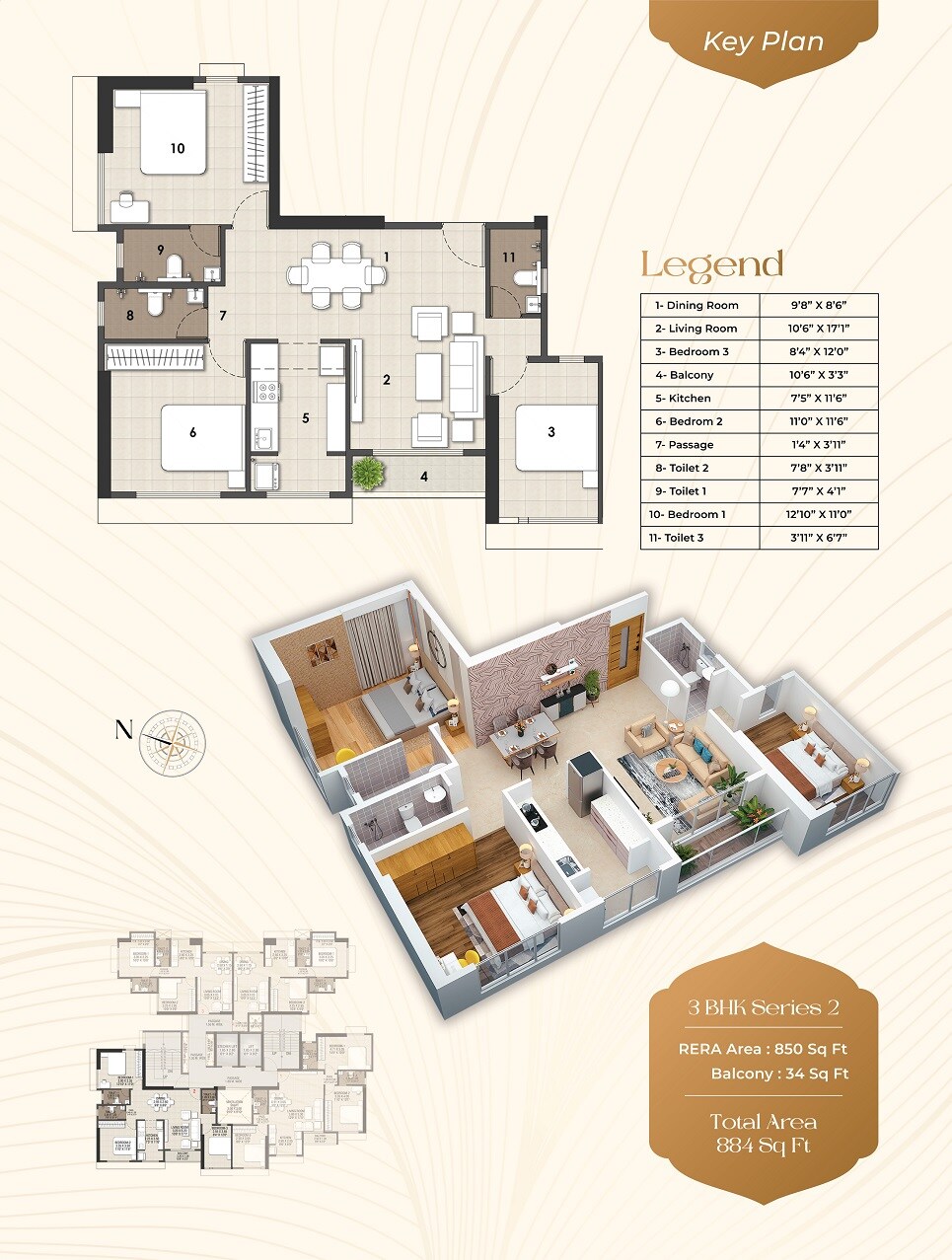 Floor plan of 3 BHK 884 Sq. Ft. Apartment in Ojass Shri Laxmi Niwas, Thane