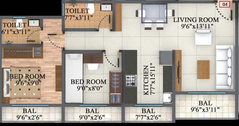 Floor plan of 2 BHK 436 Sq. Ft. Apartment in Om Bhagwati, Thane