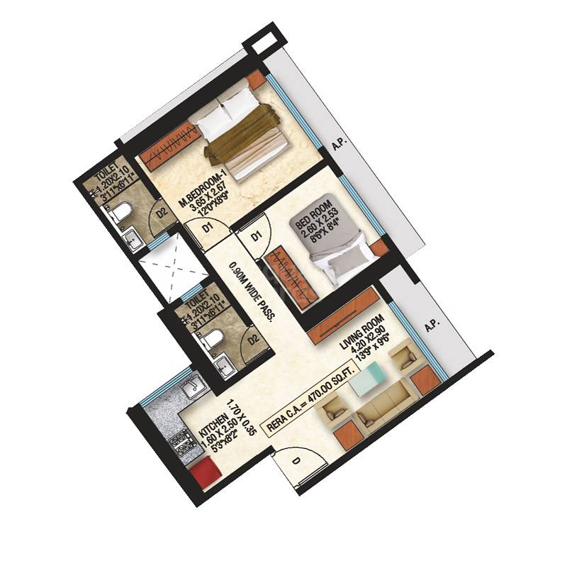 Floor plan of 2 BHK 470 Sq. Ft. Apartment in Om Divine Shloka, Thane