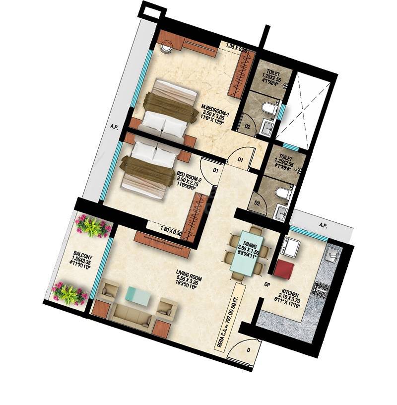 Floor plan of 2 BHK 797 Sq. Ft. Apartment in Om Divine Shloka, Thane