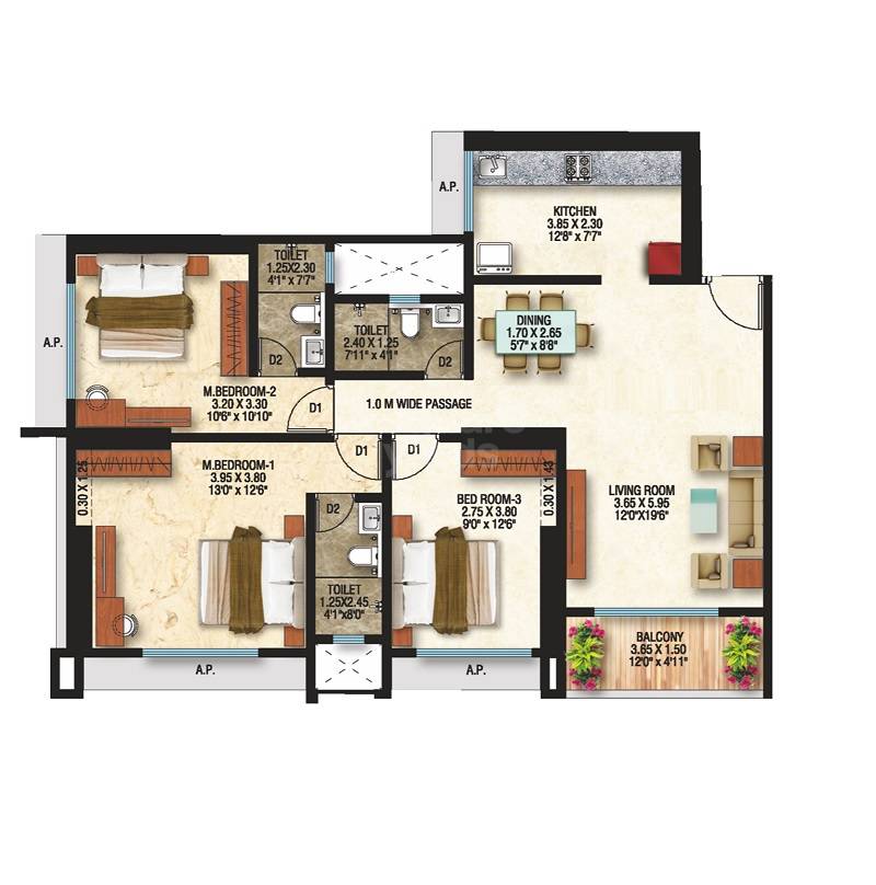 Floor plan of 3 BHK 1061 Sq. Ft. Apartment in Om Divine Shloka, Thane