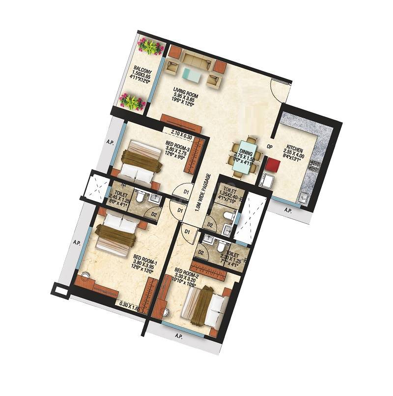 Floor plan of 3 BHK 1065 Sq. Ft. Apartment in Om Divine Shloka, Thane