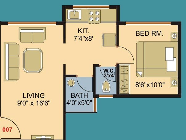 Floor plan of 1 BHK 303 Sq. Ft. Apartment in Om Krishna Heights, Thane