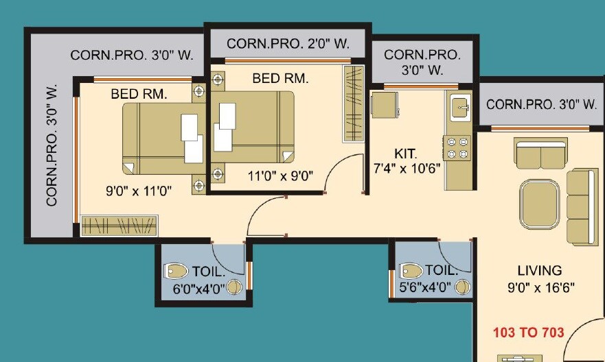 Floor plan of 2 BHK 434 Sq. Ft. Apartment in Om Krishna Heights, Thane