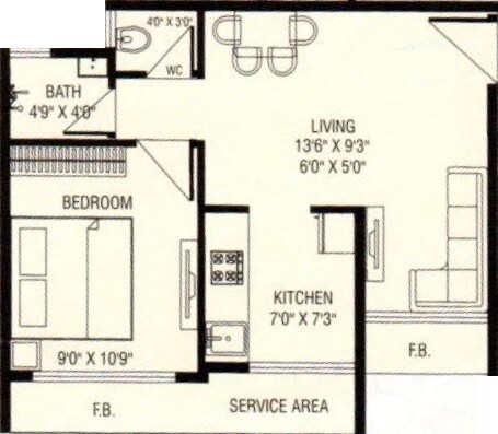 Floor plan of 1 BHK 315 Sq. Ft. Apartment in Om Paraiso, Thane