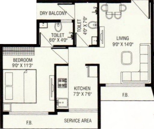 Floor plan of 1 BHK 365 Sq. Ft. Apartment in Om Paraiso, Thane
