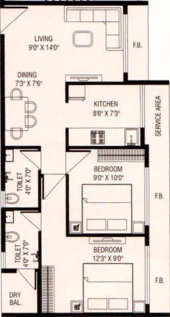 Floor plan of 2 BHK 493 Sq. Ft. Apartment in Om Paraiso, Thane