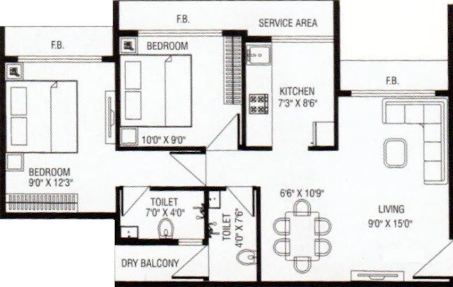 Floor plan of 2 BHK 532 Sq. Ft. Apartment in Om Paraiso, Thane