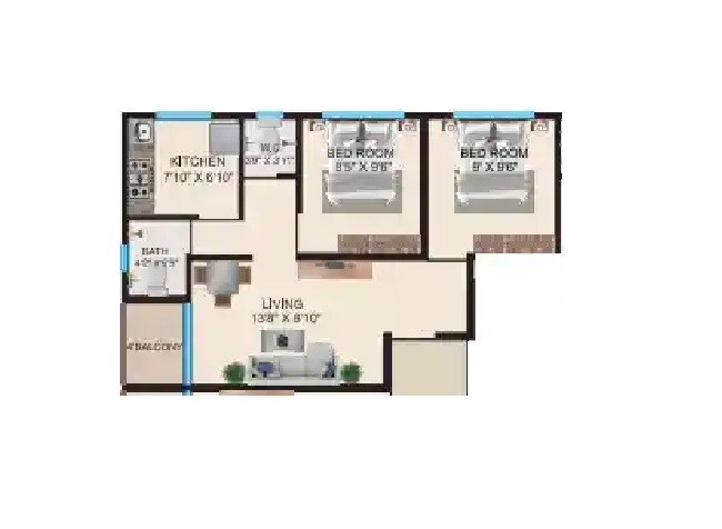 Floor plan of 2 BHK 544 Sq. Ft. Apartment in Om Sai Amrut, Thane