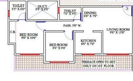 Floor plan of 2 BHK 619 Sq. Ft. Apartment in Om Sai Krishna Enclave, Thane