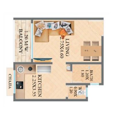 Floor plan of 258 Sq. Ft. Studio in Om Sai Sagar Residency, Thane