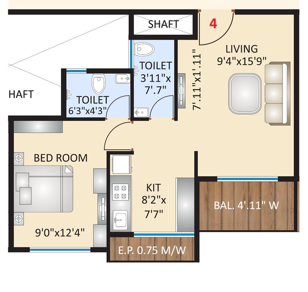 Floor plan of 1 BHK 403 Sq. Ft. Apartment in Om Ved Heights, Thane