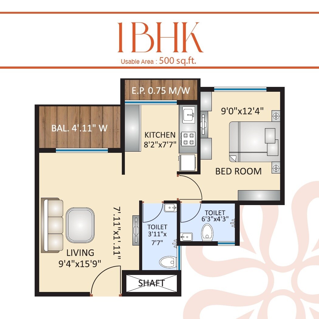 Floor plan of 1 BHK 500 Sq. Ft. Apartment in Om Ved Heights, Thane