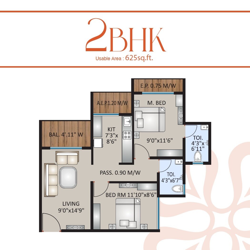 Floor plan of 2 BHK 625 Sq. Ft. Apartment in Om Ved Heights, Thane