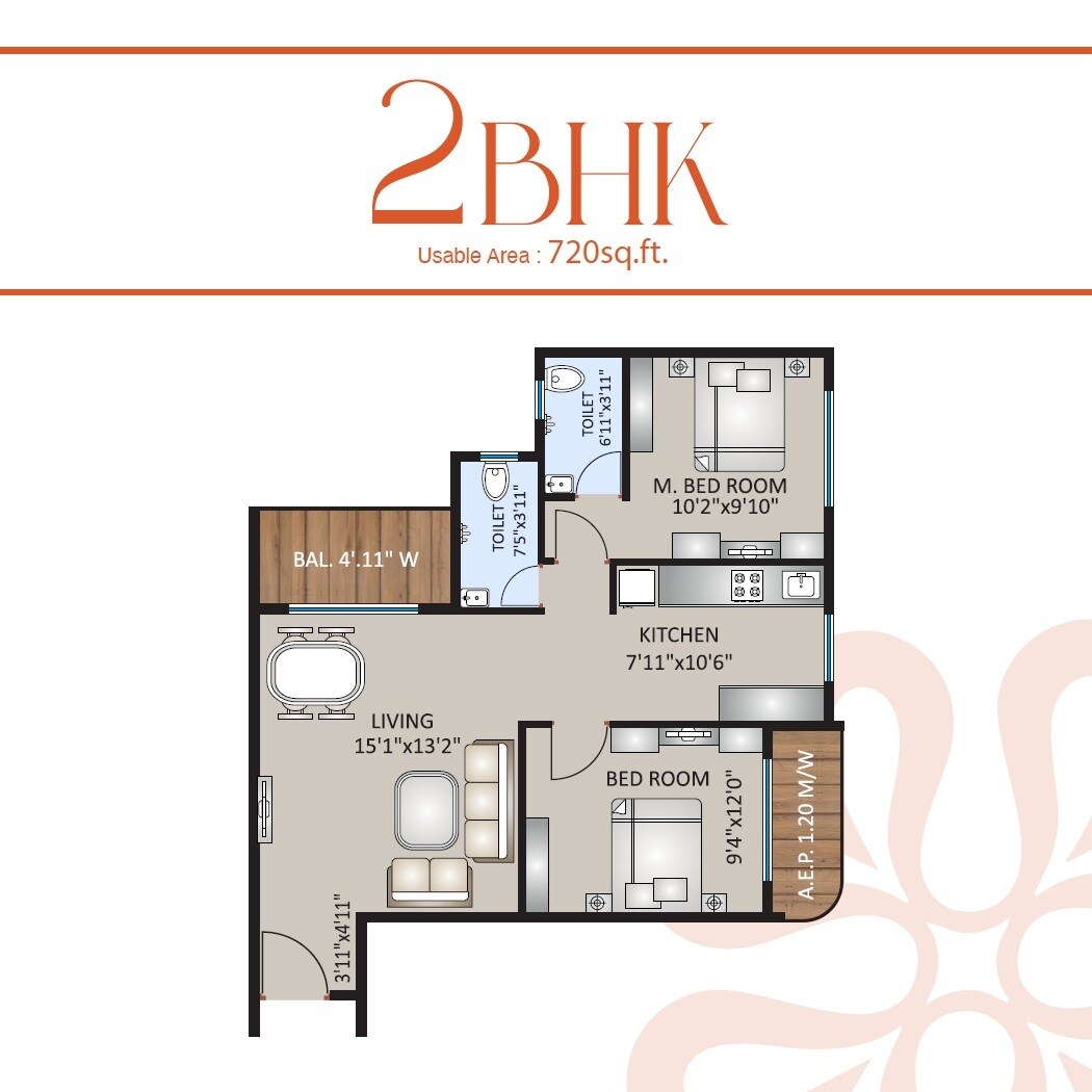 Floor plan of 2 BHK 720 Sq. Ft. Apartment in Om Ved Heights, Thane