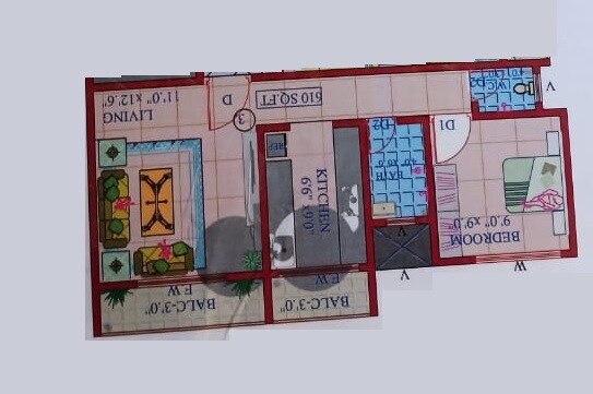 Floor plan of 1 BHK 372 Sq. Ft. Apartment in Om Vimal Raj Residency, Thane