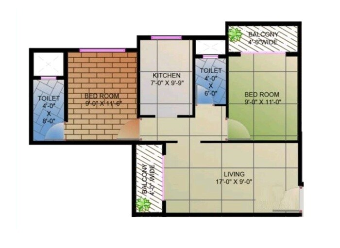 Floor plan of 2 BHK 592 Sq. Ft. Apartment in ONBV Mahadev Heights, Thane