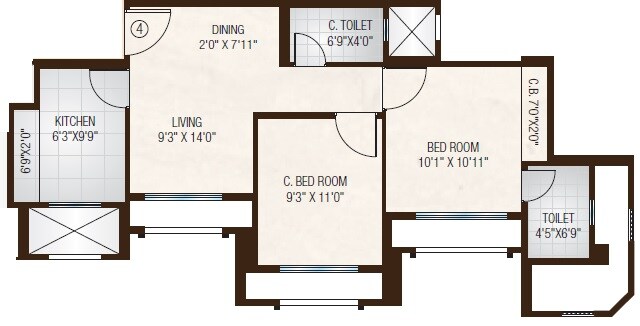 Floor plan of 2 BHK 559 Sq. Ft. Apartment in One Hiranandani Park, Thane