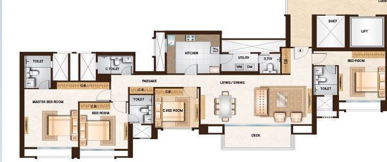 Floor plan of 4 BHK 1698 Sq. Ft. Apartment in One Hiranandani Park, Thane
