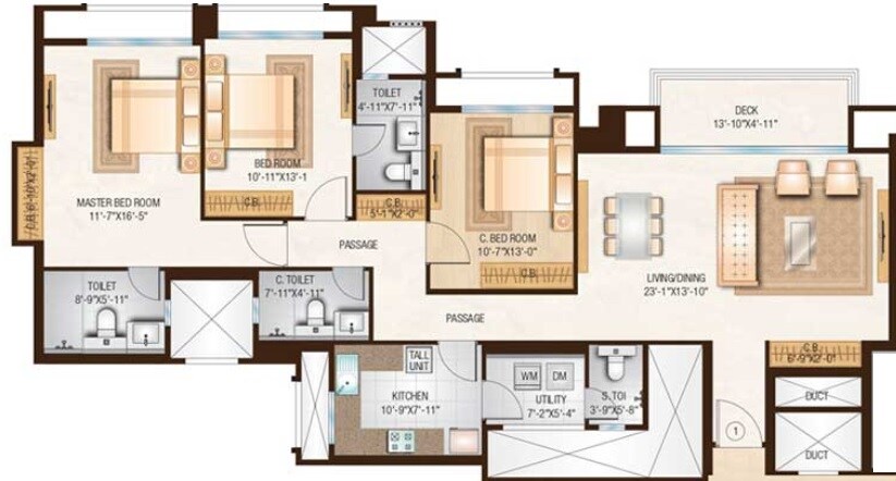 Floor plan of 3 BHK 1245 Sq. Ft. Apartment in One Hiranandani Park Barrington, Thane