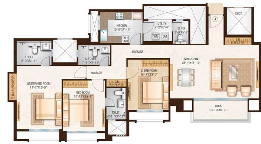 Floor plan of 3 BHK 1265 Sq. Ft. Apartment in One Hiranandani Park Barrington, Thane