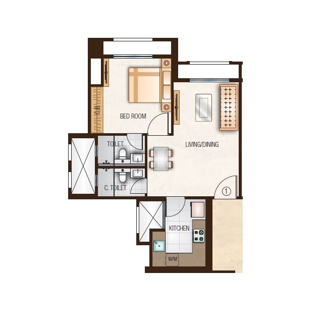 Floor plan of 1 BHK 471 Sq. Ft. Apartment in One Hiranandani Park Cloverdale, Thane