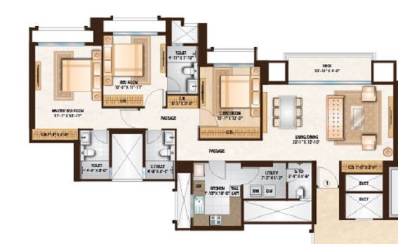 Floor plan of 3 BHK 1126 Sq. Ft. Apartment in One Hiranandani Park Preston, Thane