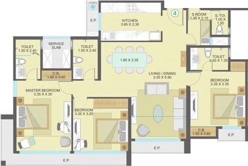 Floor plan of 3 BHK 1760 Sq. Ft. Apartment in One Indiabulls Thane 1, Thane
