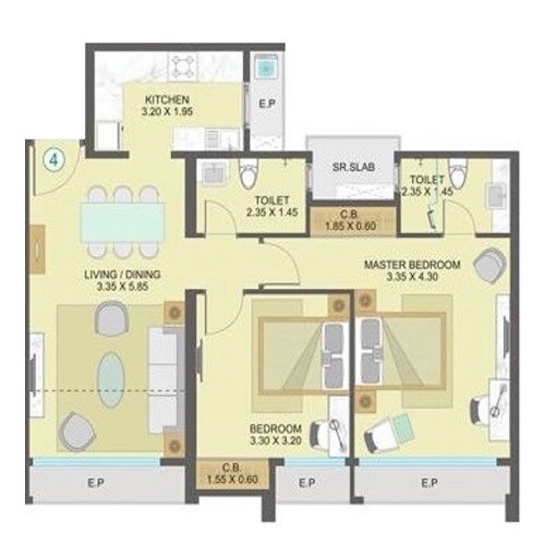 Floor plan of 2 BHK 806 Sq. Ft. Apartment in One Indiabulls Thane, Thane