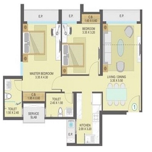 Floor plan of 2 BHK 968 Sq. Ft. Apartment in One Indiabulls Thane, Thane