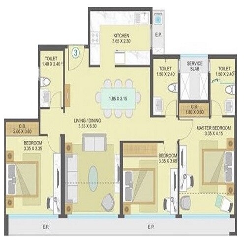 Floor plan of 3 BHK 1140 Sq. Ft. Apartment in One Indiabulls Thane, Thane