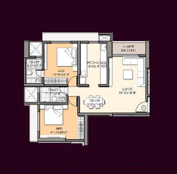 Floor plan of 2 BHK 820 Sq. Ft. Apartment in Onyx Shatrunjay Heights, Thane