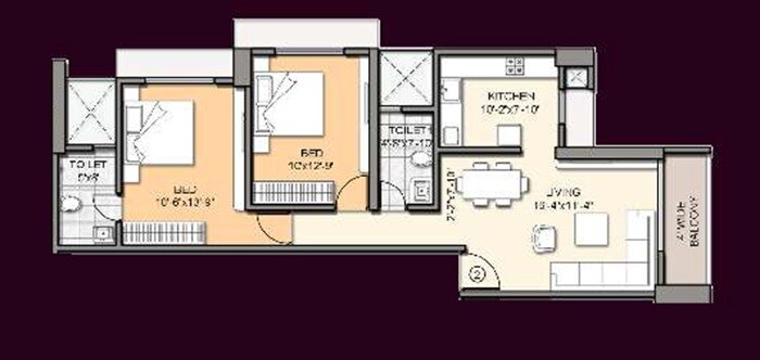 Floor plan of 2 BHK 811 Sq. Ft. Apartment in Onyx Shatrunjay Heights, Thane