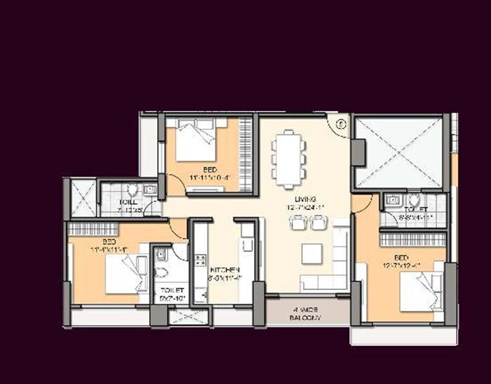 Floor plan of 3 BHK 1159 Sq. Ft. Apartment in Onyx Shatrunjay Heights, Thane