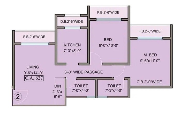 Floor plan of 2 BHK 627 Sq. Ft. Apartment in Origin Wisteria Square, Thane