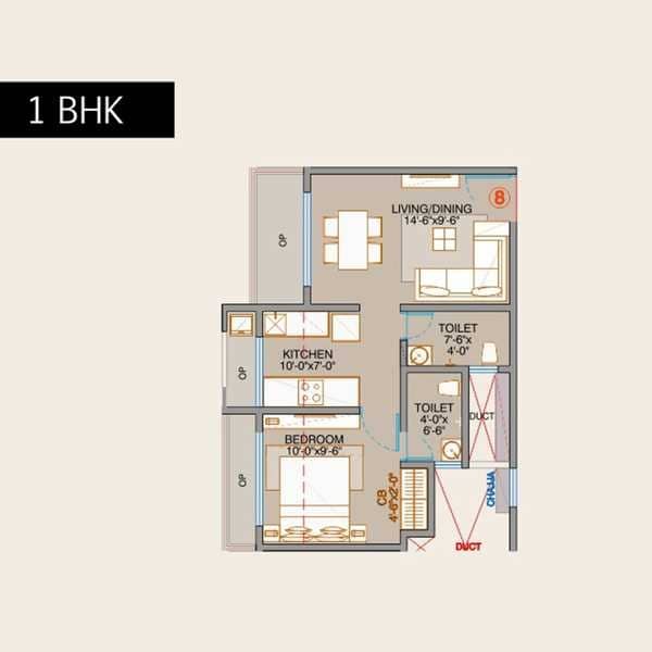 Floor plan of 1 BHK 305 Sq. Ft. Apartment in Ornate Kallisto, Thane