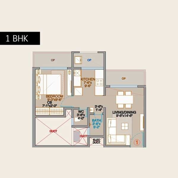 Floor plan of 1 BHK 384 Sq. Ft. Apartment in Ornate Kallisto, Thane