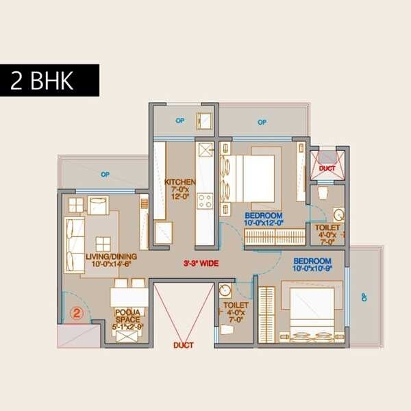 Floor plan of 2 BHK 457 Sq. Ft. Apartment in Ornate Kallisto, Thane