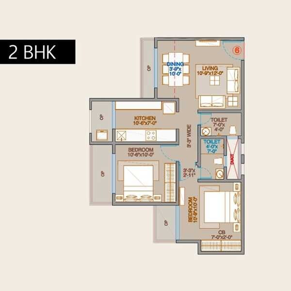 Floor plan of 2 BHK 472 Sq. Ft. Apartment in Ornate Kallisto, Thane