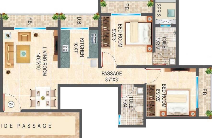 Floor plan of 2 BHK Apartment - 620 sq. ft. in Ornate Kallisto Phase II, Thane