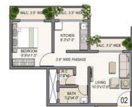 Floor plan of 1 BHK 399 Sq. Ft. Apartment in Osian Garden, Thane