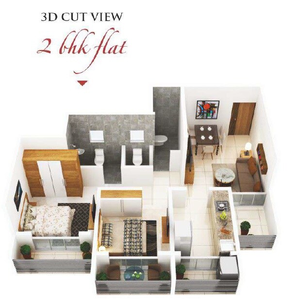 Floor plan of 2 BHK 677 Sq. Ft. Apartment in Osian Garden, Thane
