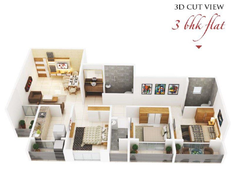 Floor plan of 3 BHK 1094 Sq. Ft. Apartment in Osian Garden, Thane