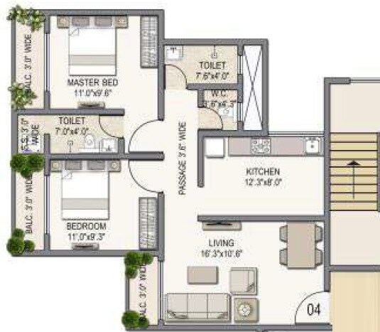 Floor plan of 2 BHK 518 Sq. Ft. Apartment in Osians Garden, Thane
