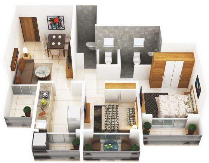 Floor plan of 2 BHK 677 Sq. Ft. Apartment in Osians Garden, Thane